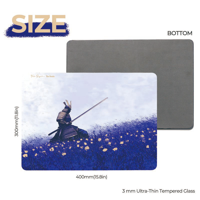 Flash Beyond Foil Art Glass Gaming Mouse Pad, 3mm Tempered Hard Glass Mousepad, Gold Ronin & Silver Eclipse, Fast Glide, Anti-Slip Base
