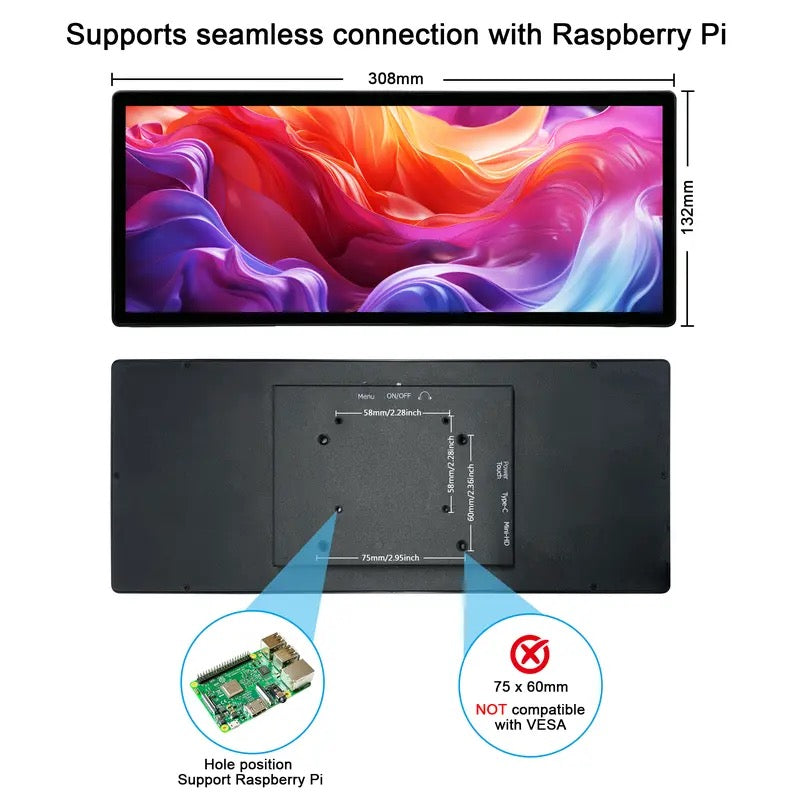 Mini Stretched Bar Monitor 12.3 Inch FHD Touchscreen IPS Display for Laptop PC AIDA64 Monitoring Portable USB-C Cable Compatible Windows MacOS