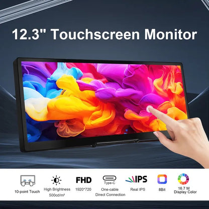Mini Stretched Bar Monitor 12.3 Inch FHD Touchscreen IPS Display for Laptop PC AIDA64 Monitoring Portable USB-C Cable Compatible Windows MacOS