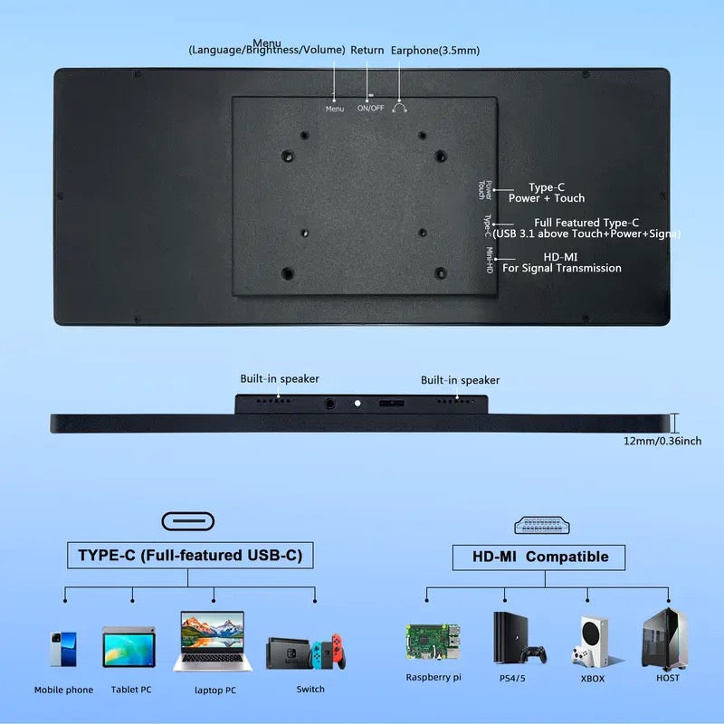 Mini Stretched Bar Monitor 12.3 Inch FHD Touchscreen IPS Display for Laptop PC AIDA64 Monitoring Portable USB-C Cable Compatible Windows MacOS