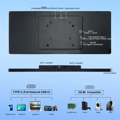 Mini Stretched Bar Monitor 12.3 Inch FHD Touchscreen IPS Display for Laptop PC AIDA64 Monitoring Portable USB-C Cable Compatible Windows MacOS
