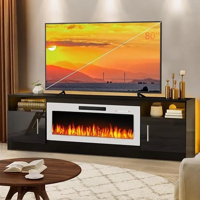 【2 Packages Shipping】[Summer Vibes] Fireplace TV Stand Entertainment Center with Fireplace, Wooden TV Stand for TVs Up to 80",Media TV Console with High Gloss Storage Cabinet and 16 Colors LED Lights