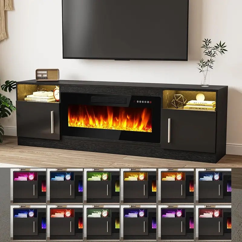 【2 Packages Shipping】[Summer Vibes] Fireplace TV Stand Entertainment Center with Fireplace, Wooden TV Stand for TVs Up to 80",Media TV Console with High Gloss Storage Cabinet and 16 Colors LED Lights