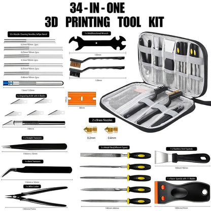 3D Printer Tool Kit, 43Pcs Complete 3D Printing Accessories & Maintenance Set for All FDM/SLA Printers, Includes Nozzle Cleaning Kit, Removal Scrapers, Finishing Tools, Files, Brushes, Wire Cutters, Engraving Knife