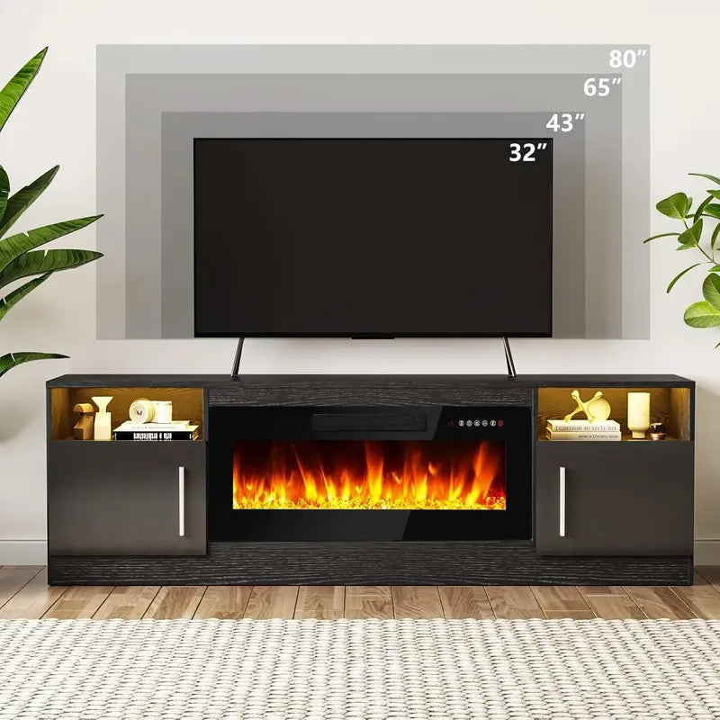 【2 Packages Shipping】[Summer Vibes] Fireplace TV Stand Entertainment Center with Fireplace, Wooden TV Stand for TVs Up to 80",Media TV Console with High Gloss Storage Cabinet and 16 Colors LED Lights