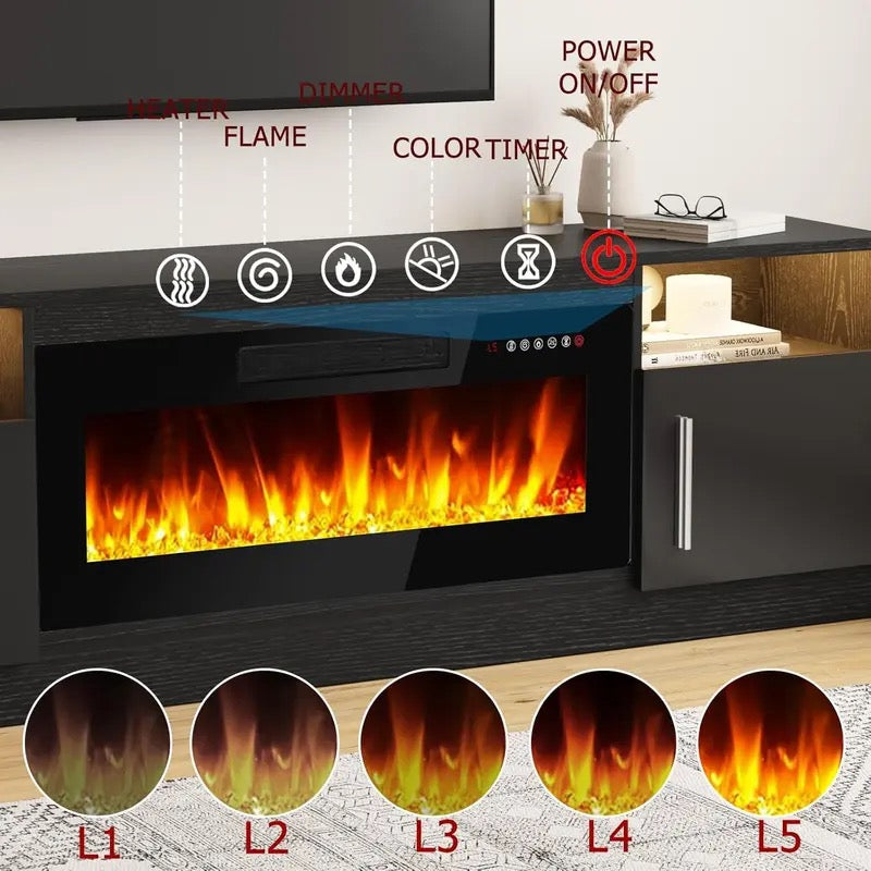【2 Packages Shipping】[Summer Vibes] Fireplace TV Stand Entertainment Center with Fireplace, Wooden TV Stand for TVs Up to 80",Media TV Console with High Gloss Storage Cabinet and 16 Colors LED Lights