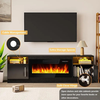【2 Packages Shipping】[Summer Vibes] Fireplace TV Stand Entertainment Center with Fireplace, Wooden TV Stand for TVs Up to 80",Media TV Console with High Gloss Storage Cabinet and 16 Colors LED Lights