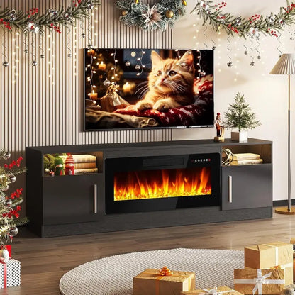 【2 Packages Shipping】[Summer Vibes] Fireplace TV Stand Entertainment Center with Fireplace, Wooden TV Stand for TVs Up to 80",Media TV Console with High Gloss Storage Cabinet and 16 Colors LED Lights
