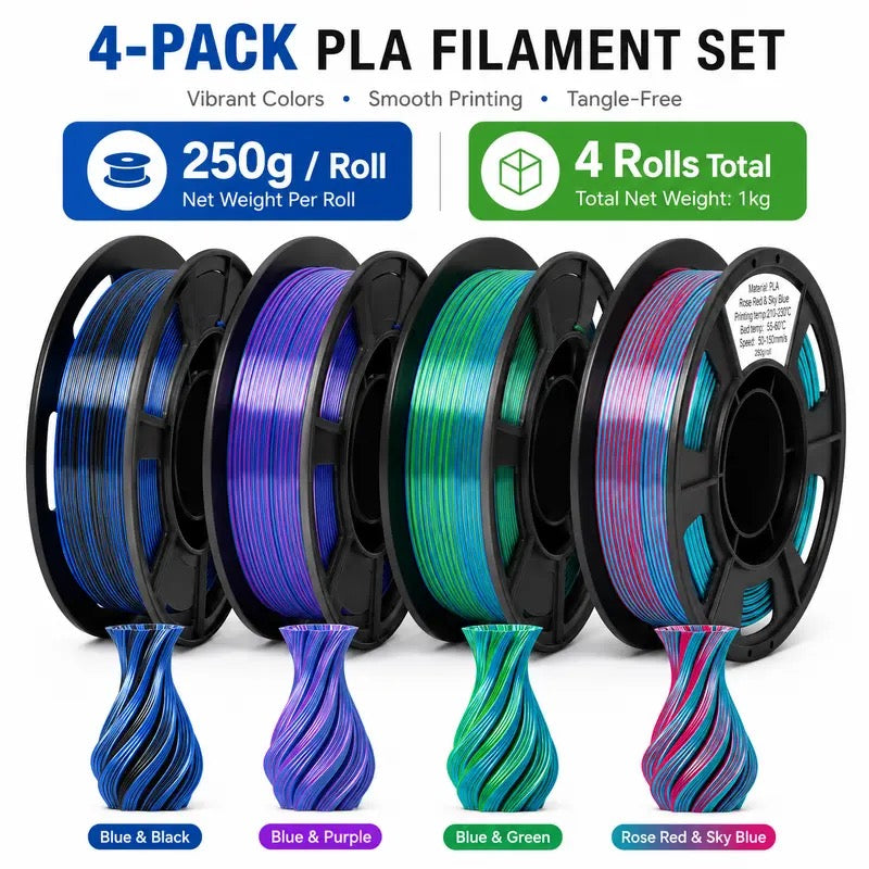 Epelay Dual Color Silk PLA 3D Printer Filament, 4 Rolls x 250g Each, 1.75mm Shiny PLA Filament for FDM Printers