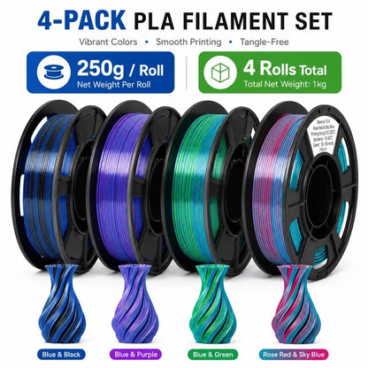 Epelay Dual Color Silk PLA 3D Printer Filament, 4 Rolls x 250g Each, 1.75mm Shiny PLA Filament for FDM Printers