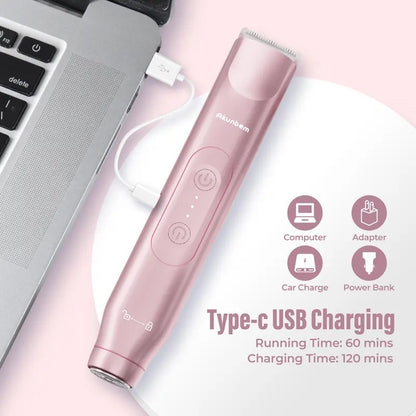 Akunbem Bikini Trimmer for Women, Electric Shaver and Razor Rechargeable 2-in-1 Body and Facial Epilator, Dual Heads for Painless Trimming of Pubic Hair, Face, Underarms and Legs, IPX7 Waterproof. Christmas Gift New Year Gift Shaving Grooming