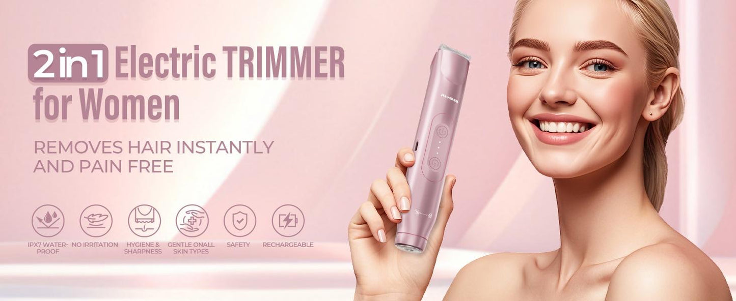 Akunbem Bikini Trimmer for Women, Electric Shaver and Razor Rechargeable 2-in-1 Body and Facial Epilator, Dual Heads for Painless Trimming of Pubic Hair, Face, Underarms and Legs, IPX7 Waterproof. Christmas Gift New Year Gift Shaving Grooming
