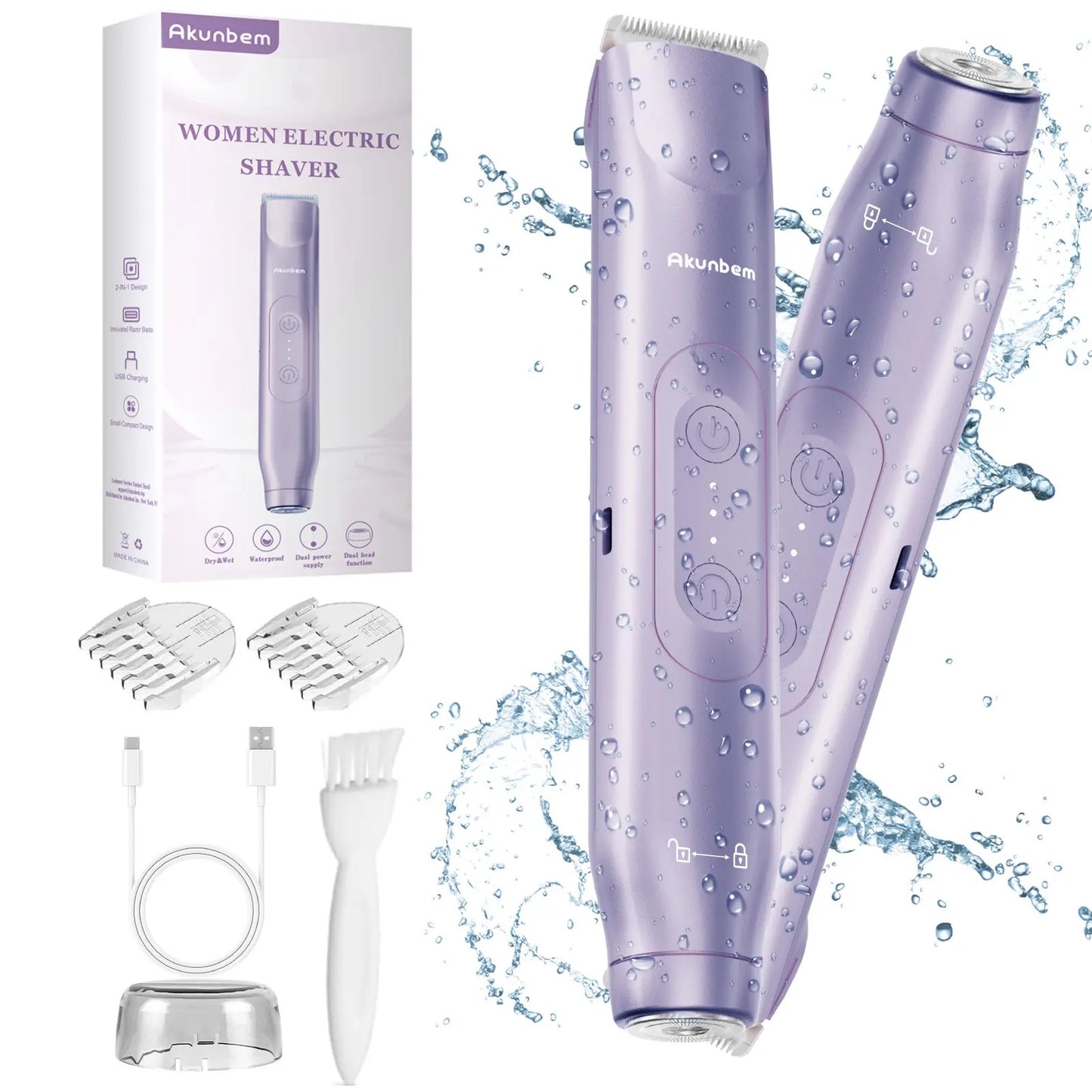 Akunbem Bikini Trimmer for Women, Electric Shaver and Razor Rechargeable 2-in-1 Body and Facial Epilator, Dual Heads for Painless Trimming of Pubic Hair, Face, Underarms and Legs, IPX7 Waterproof. Christmas Gift New Year Gift Shaving Grooming