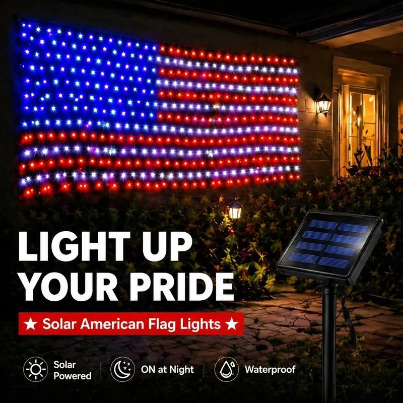 echosari Solar American Flag Lights Outdoor,420 LEDs American Flag Net Lights 6.5ft x 3.28ft Super Bright,Memorial Day Decorations of The United States for Independence/National/Memorial Day,July 4th Waterproof solar lights outdoor,campingessentials,outdo