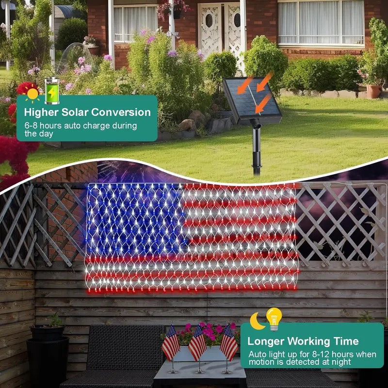 echosari Solar American Flag Lights Outdoor,420 LEDs American Flag Net Lights 6.5ft x 3.28ft Super Bright,Memorial Day Decorations of The United States for Independence/National/Memorial Day,July 4th Waterproof solar lights outdoor,campingessentials,outdo