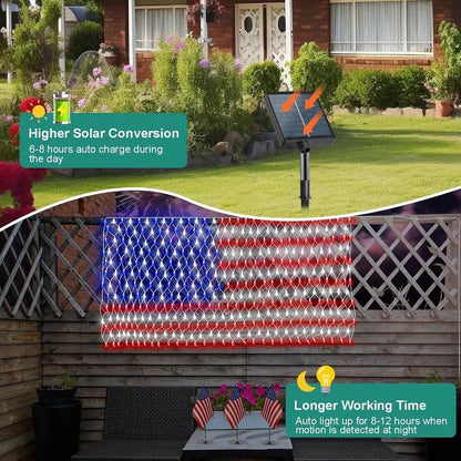 echosari Solar American Flag Lights Outdoor,420 LEDs American Flag Net Lights 6.5ft x 3.28ft Super Bright,Memorial Day Decorations of The United States for Independence/National/Memorial Day,July 4th Waterproof solar lights outdoor,campingessentials,outdo