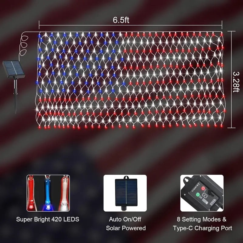 echosari Solar American Flag Lights Outdoor,420 LEDs American Flag Net Lights 6.5ft x 3.28ft Super Bright,Memorial Day Decorations of The United States for Independence/National/Memorial Day,July 4th Waterproof solar lights outdoor,campingessentials,outdo